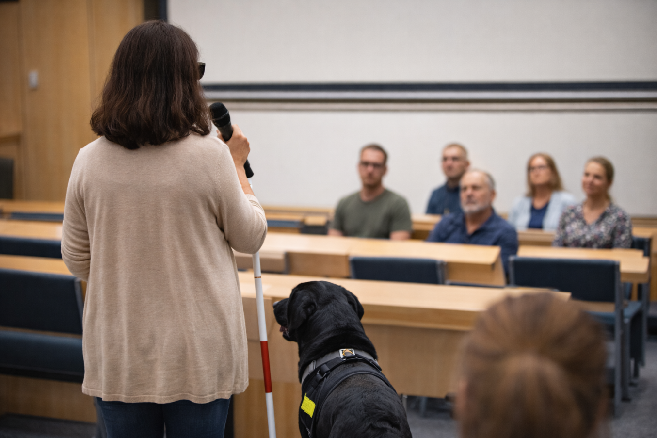 Näkövammainen henkilö puhuu luentosalissa yleisölle selin kameraan. Hänellä on kädessään mikrofoni ja valkoinen keppi, ja hänen vierellään istuu opaskoira. Yleisö kuuntelee häntä penkkiriveissä.
